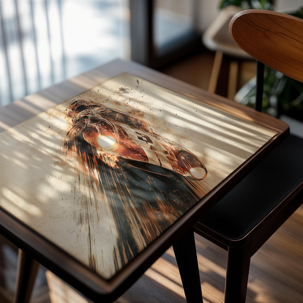 Artistic depiction of a vintage race car on a textured background, as a premium aluminum metal print from GoMetalPrint.
