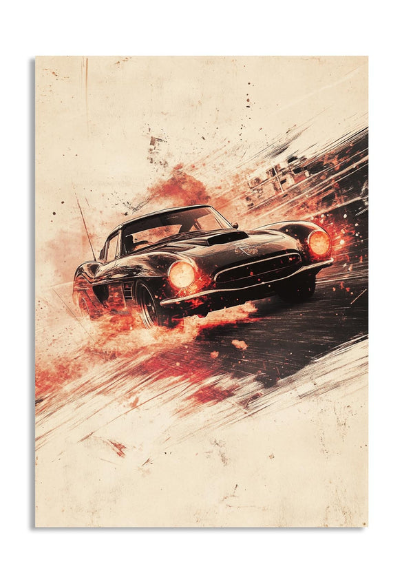 Vintage car on a dynamic background with abstract art elements, as a premium aluminum metal print from GoMetalPrint.
