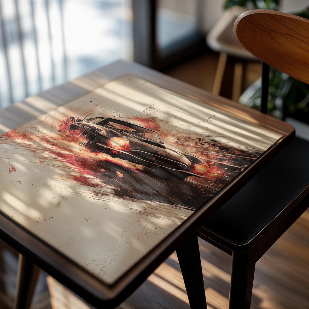 Vintage car on a dynamic background with abstract art elements, as a premium aluminum metal print from GoMetalPrint.
