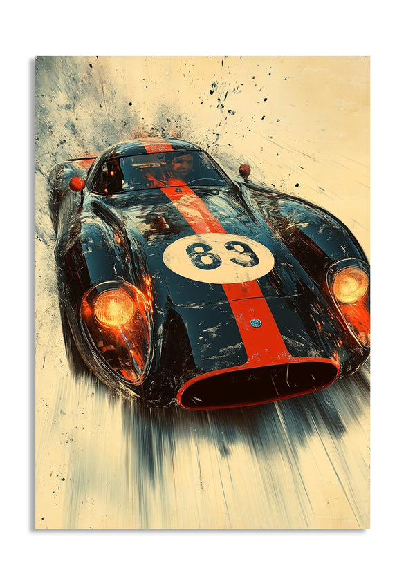 Artistic depiction of a race car with the number 83 on a textured background, as a premium aluminum metal print from GoMetalPrint.
