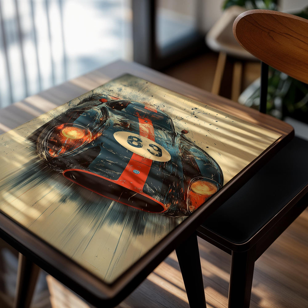 Artistic depiction of a race car with the number 83 on a textured background, as a premium aluminum metal print from GoMetalPrint.
