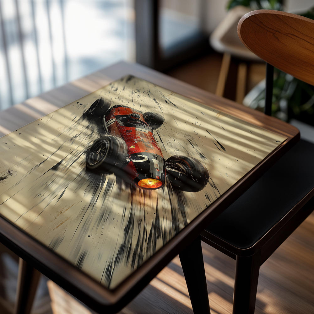 Vintage-style race car on a textured background, as a premium aluminum metal print from GoMetalPrint.
