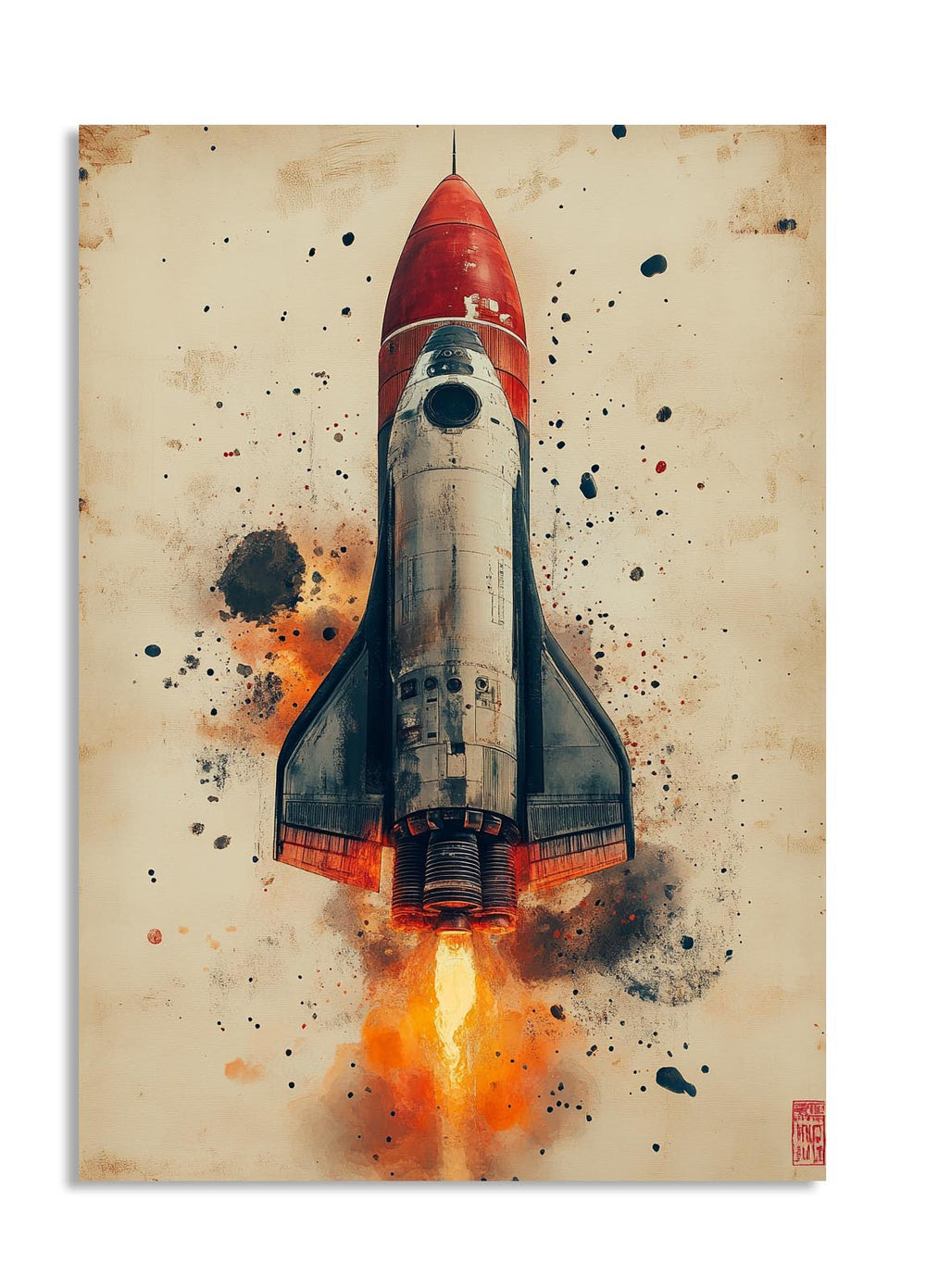 Artistic depiction of a rocket launch on a textured beige background, as a premium aluminum metal print from GoMetalPrint.
