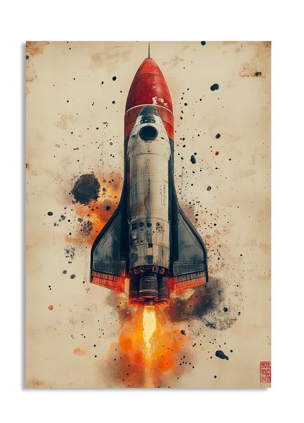 Artistic depiction of a rocket launch on a textured beige background, as a premium aluminum metal print from GoMetalPrint.
