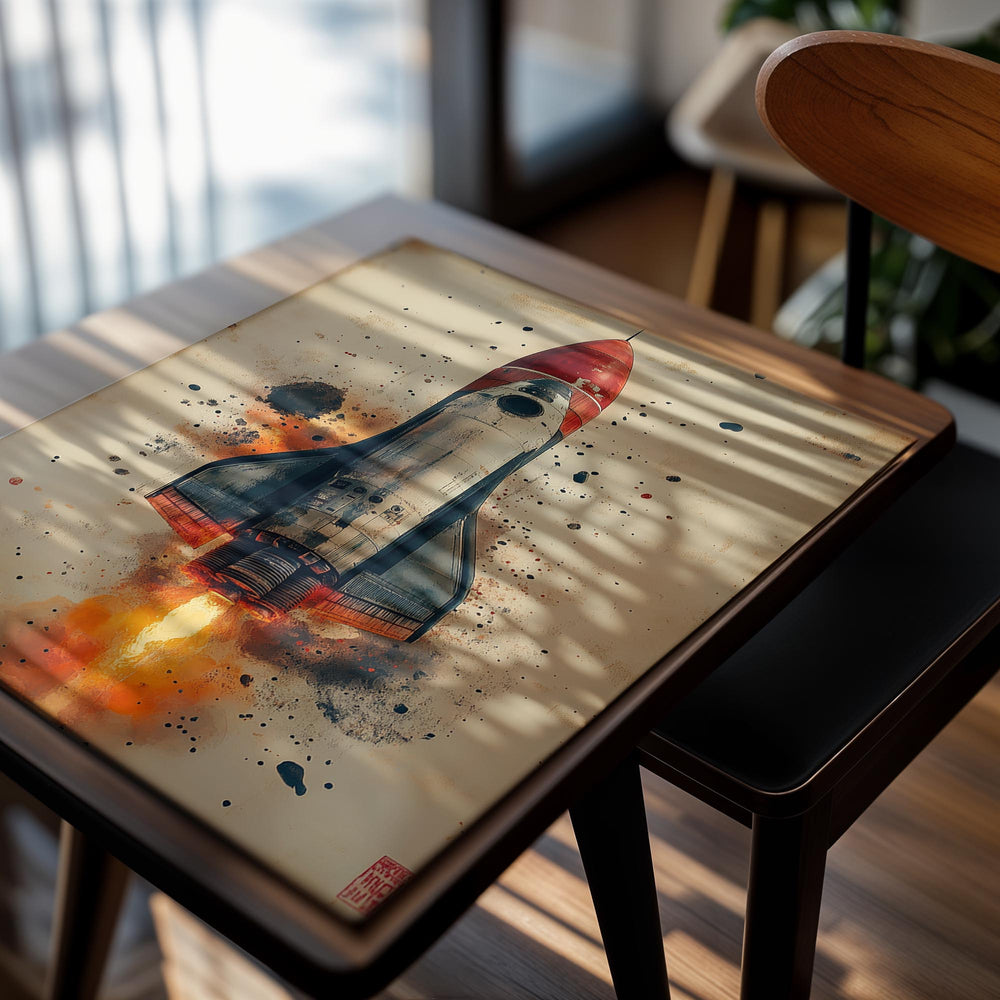 Artistic depiction of a rocket launch on a textured beige background, as a premium aluminum metal print from GoMetalPrint.
