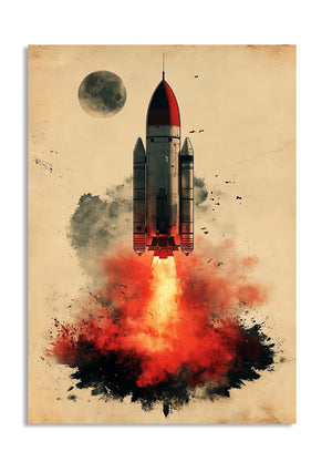 Vintage-style illustration of a rocket launch with red smoke on a beige background, as a premium aluminum metal print from GoMetalPrint.
