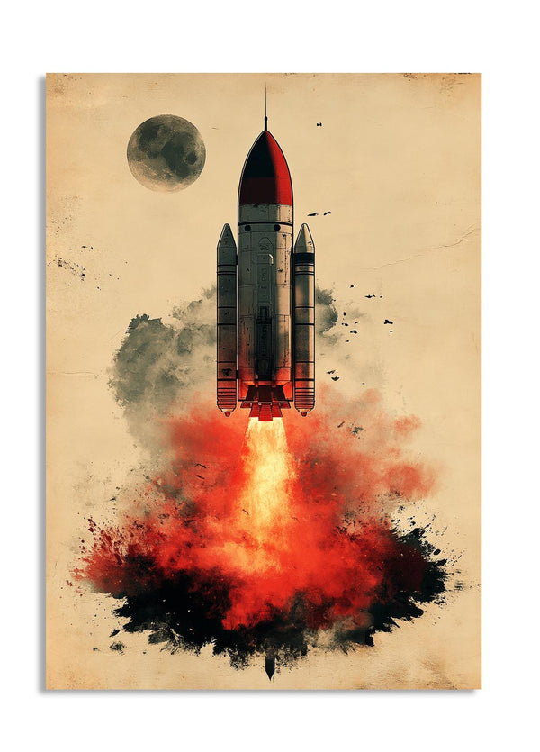 Vintage-style illustration of a rocket launch with red smoke on a beige background, as a premium aluminum metal print from GoMetalPrint.

