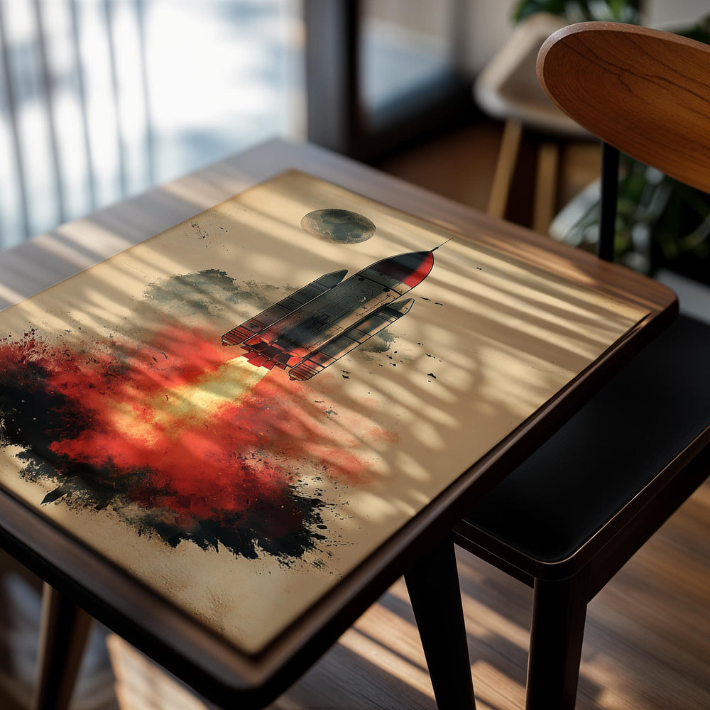 Vintage-style illustration of a rocket launch with red smoke on a beige background, as a premium aluminum metal print from GoMetalPrint.
