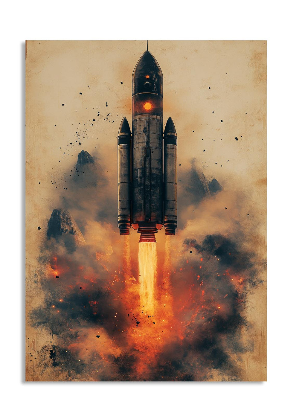 Artistic depiction of a rocket launch with fiery exhaust against a beige background , as a premium aluminum metal print from GoMetalPrint.
