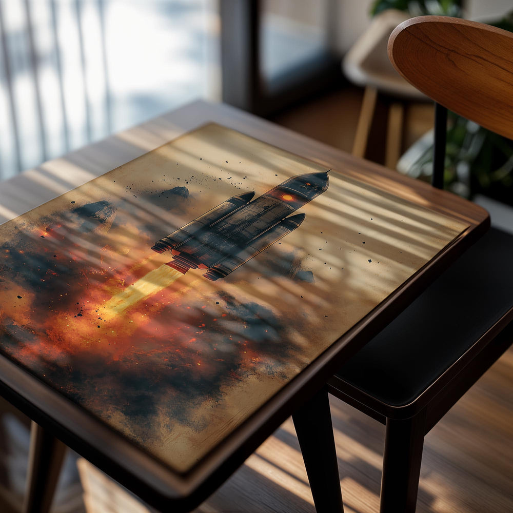 Artistic depiction of a rocket launch with fiery exhaust against a beige background , as a premium aluminum metal print from GoMetalPrint.
