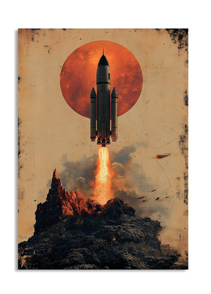 Vintage-style illustration of a rocket launching against a red sun and rocky landscape, as a premium aluminum metal print from GoMetalPrint.
