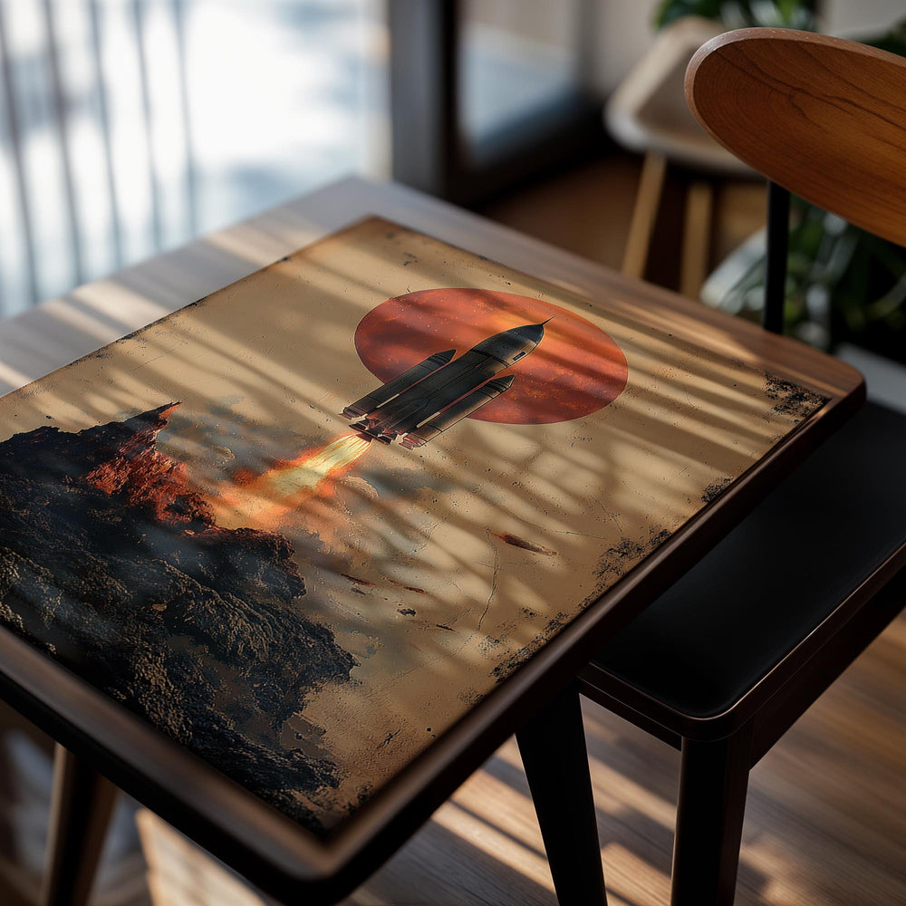 Vintage-style illustration of a rocket launching against a red sun and rocky landscape, as a premium aluminum metal print from GoMetalPrint.
