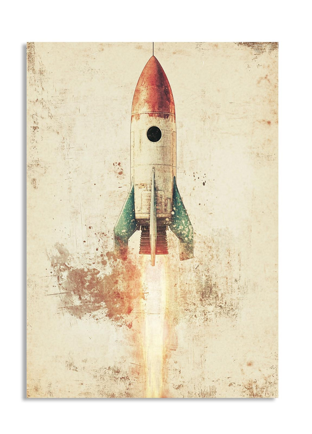 Vintage-style illustration of a rocket launching on a textured beige background, as a premium aluminum metal print from GoMetalPrint.
