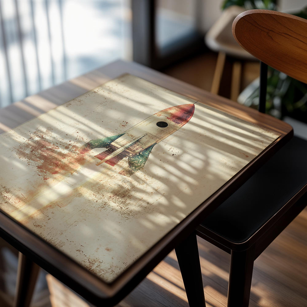 Vintage-style illustration of a rocket launching on a textured beige background, as a premium aluminum metal print from GoMetalPrint.
