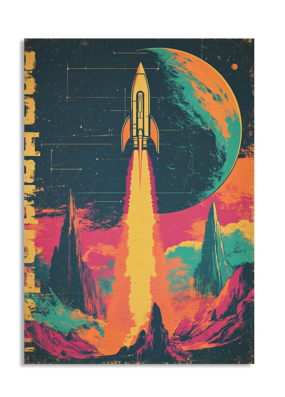 Colorful illustration of a rocket launching towards a planet with a retro-futuristic design, as a premium aluminum metal print from GoMetalPrint.
