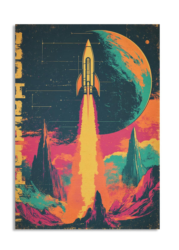 Colorful illustration of a rocket launching towards a planet with a retro-futuristic design, as a premium aluminum metal print from GoMetalPrint.
