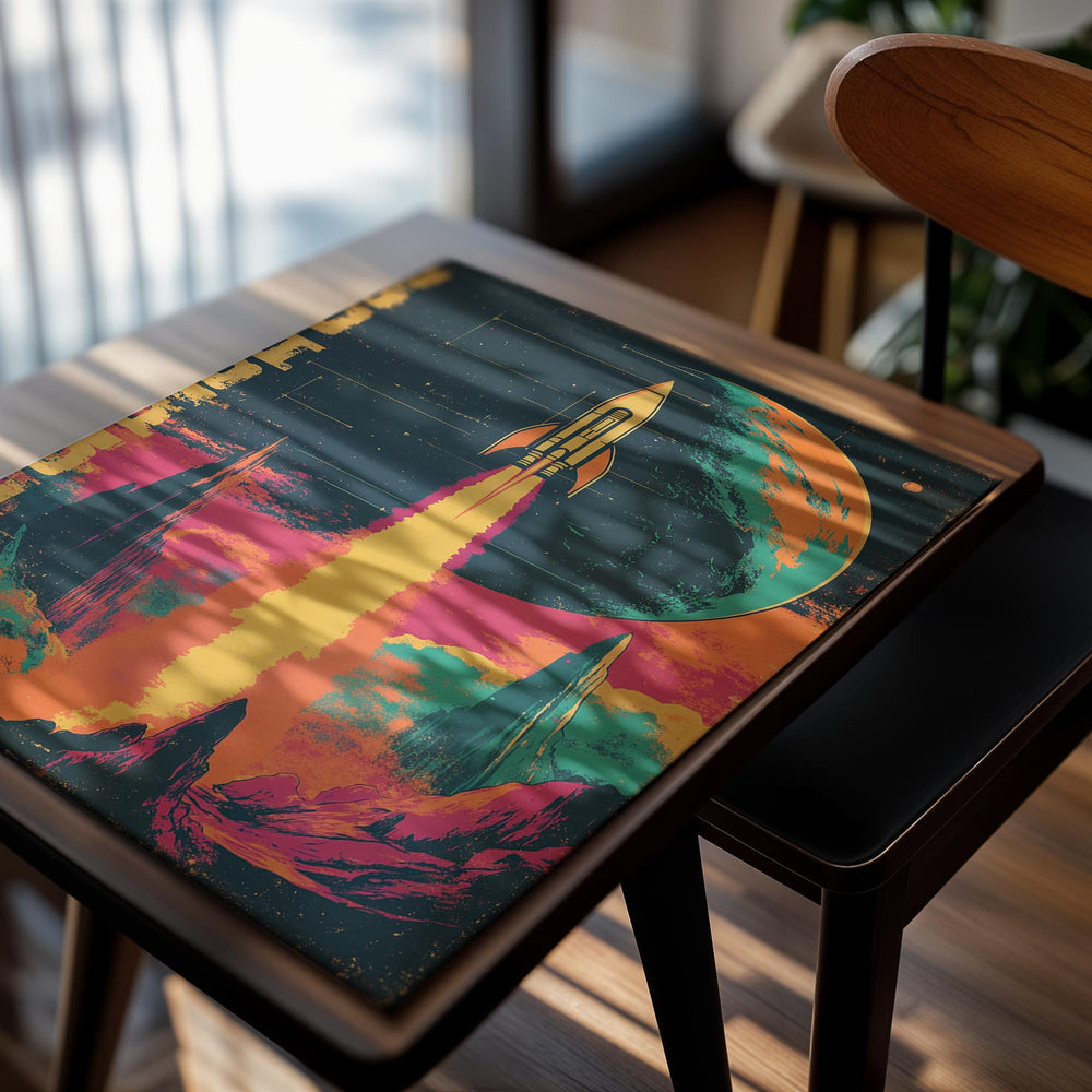 Colorful illustration of a rocket launching towards a planet with a retro-futuristic design, as a premium aluminum metal print from GoMetalPrint.
