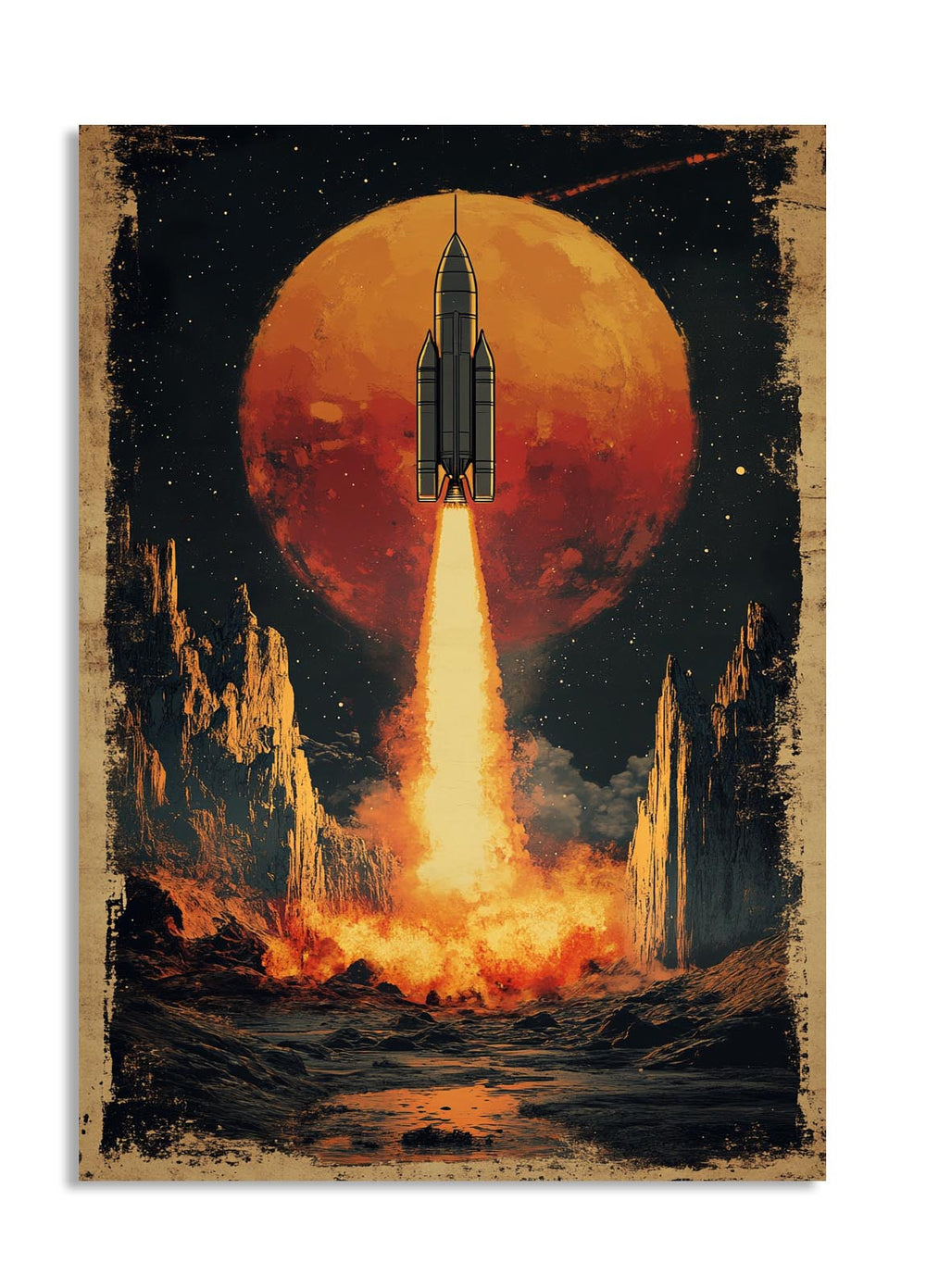 Vintage-style illustration of a rocket launching towards a red planet with a dark space background, as a premium aluminum metal print from GoMetalPrint.
