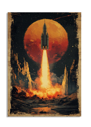 Vintage-style illustration of a rocket launching towards a red planet with a dark space background, as a premium aluminum metal print from GoMetalPrint.
