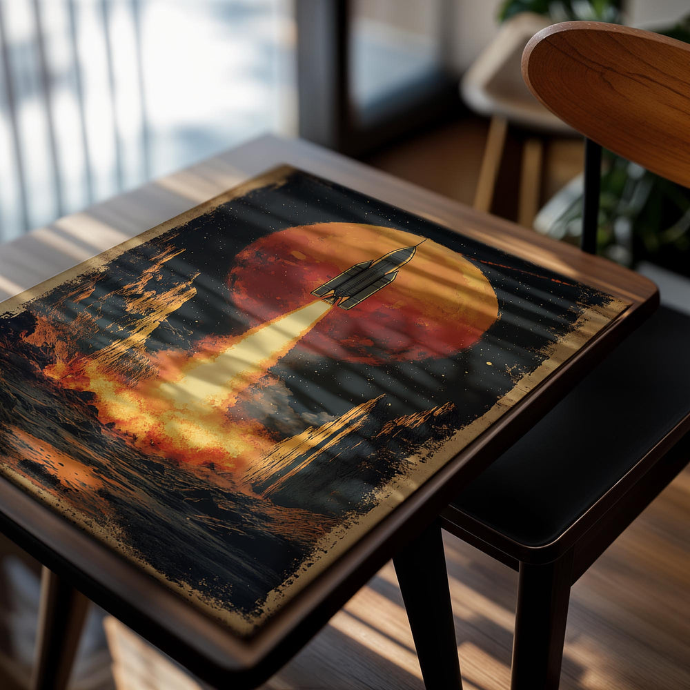Vintage-style illustration of a rocket launching towards a red planet with a dark space background, as a premium aluminum metal print from GoMetalPrint.
