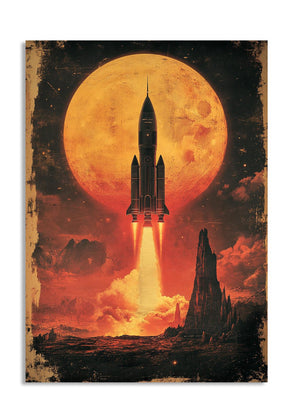 Space rocket launching against a large orange moon on a barren landscape, as a premium aluminum metal print from GoMetalPrint.
