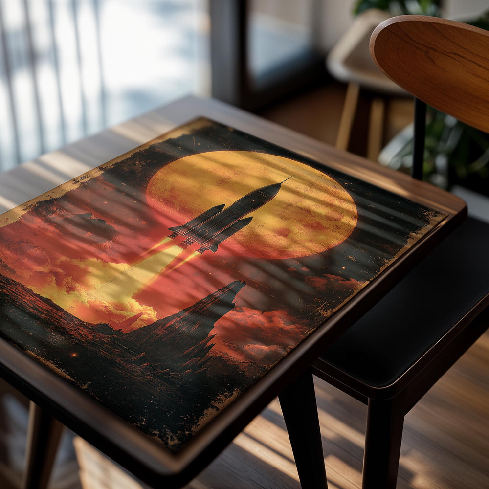 Space rocket launching against a large orange moon on a barren landscape, as a premium aluminum metal print from GoMetalPrint.
