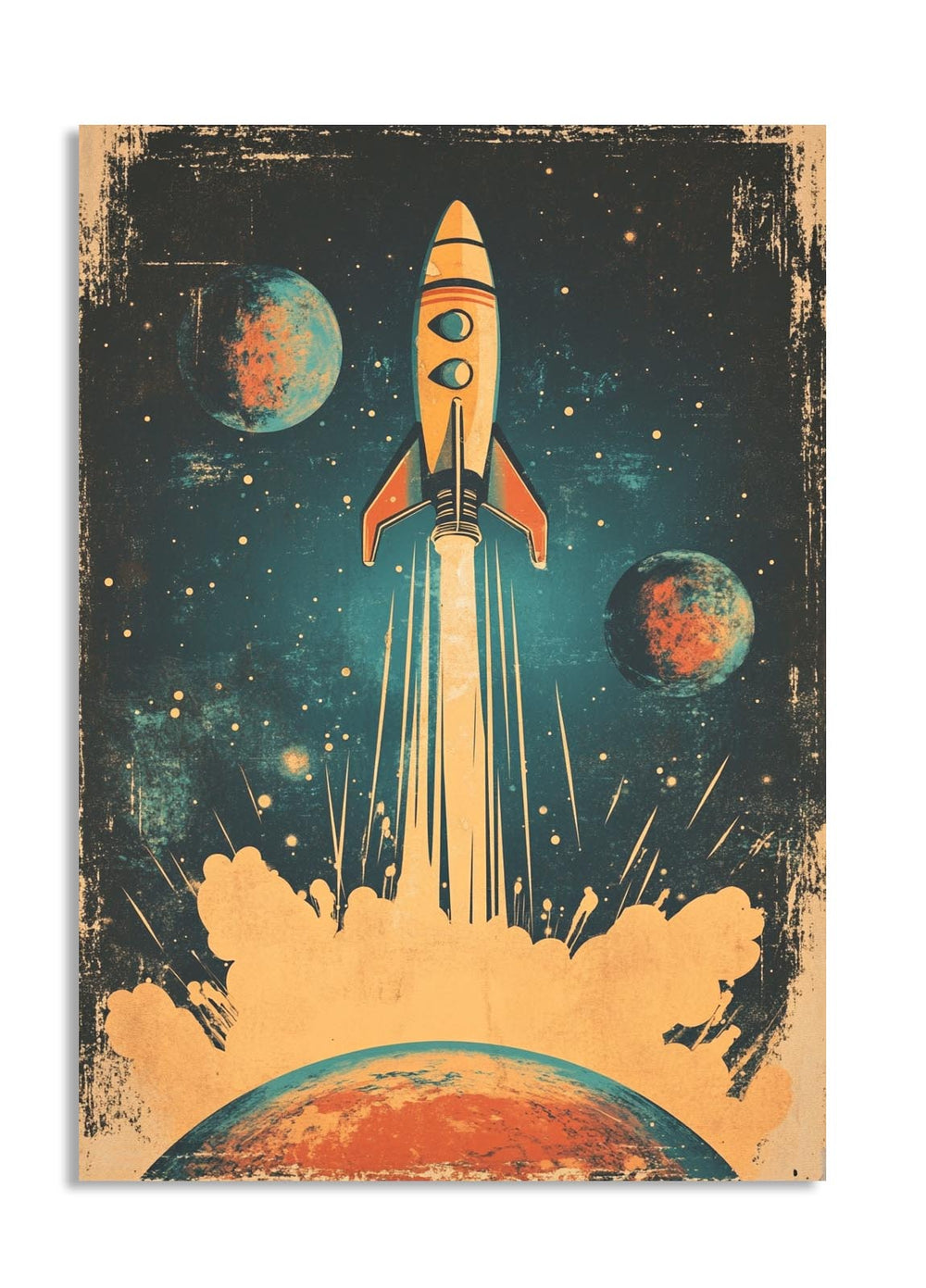 Vintage-style illustration of a rocket launch with planets and stars in the background, as a premium aluminum metal print from GoMetalPrint.

