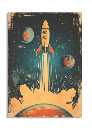 Vintage-style illustration of a rocket launch with planets and stars in the background, as a premium aluminum metal print from GoMetalPrint.
