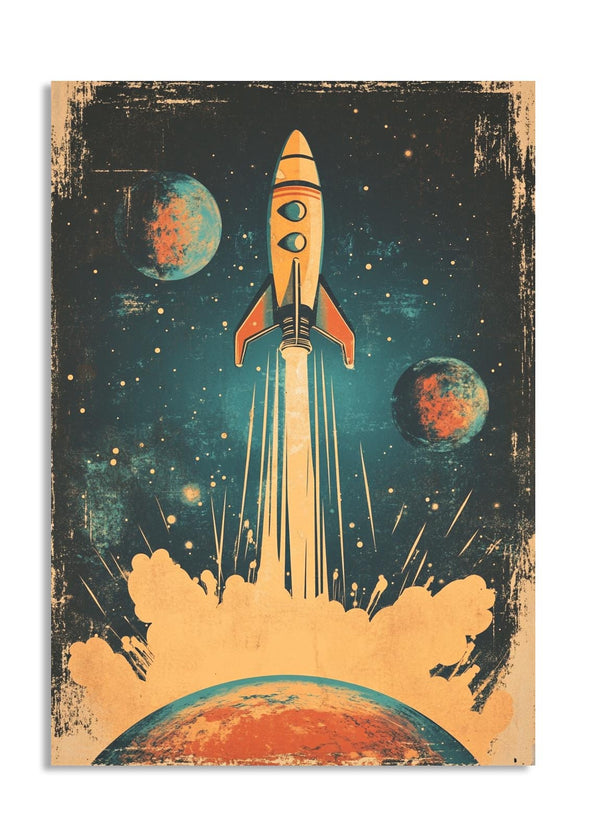 Vintage-style illustration of a rocket launch with planets and stars in the background, as a premium aluminum metal print from GoMetalPrint.
