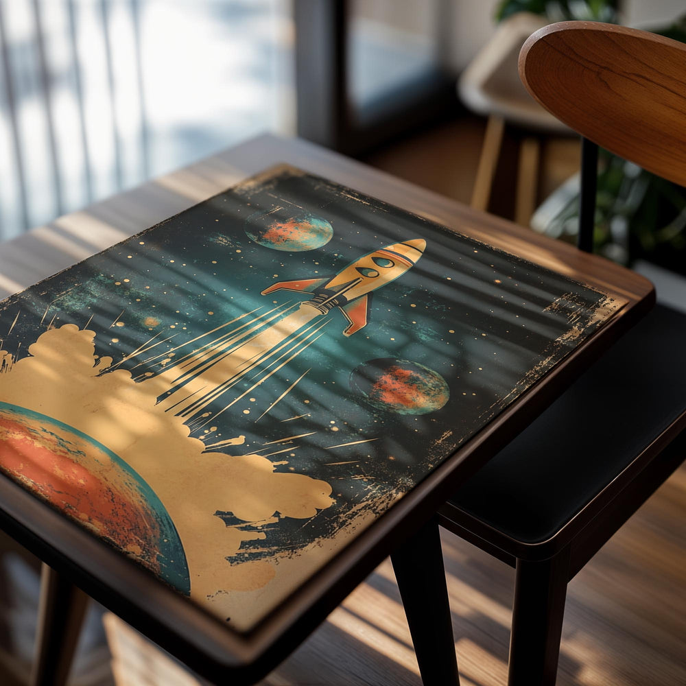 Vintage-style illustration of a rocket launch with planets and stars in the background, as a premium aluminum metal print from GoMetalPrint.
