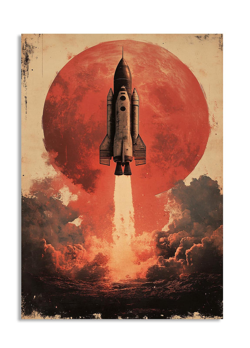 Vintage-style illustration of a rocket launching against a red sun, as a premium aluminum metal print from GoMetalPrint.
