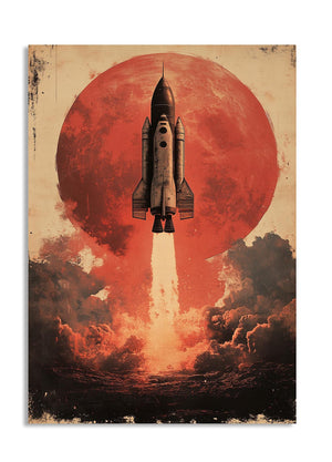 Vintage-style illustration of a rocket launching against a red sun, as a premium aluminum metal print from GoMetalPrint.
