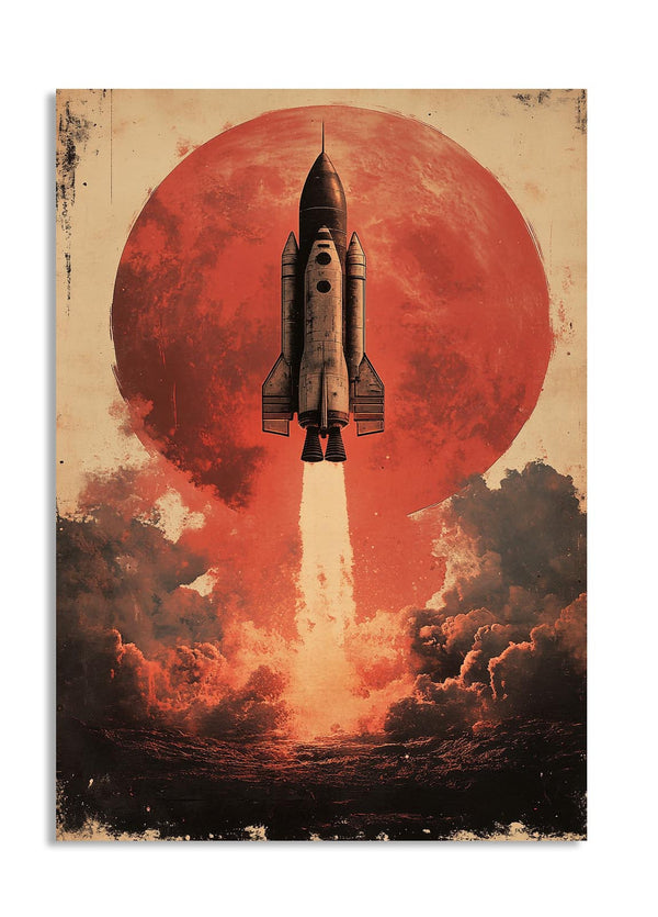 Vintage-style illustration of a rocket launching against a red sun, as a premium aluminum metal print from GoMetalPrint.
