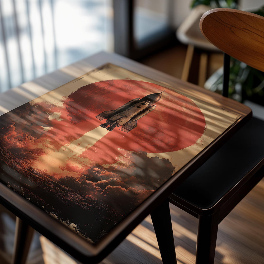 Vintage-style illustration of a rocket launching against a red sun, as a premium aluminum metal print from GoMetalPrint.
