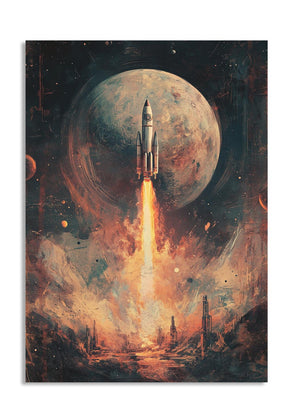 Artistic depiction of a rocket launch with a planet in the background, as a premium aluminum metal print from GoMetalPrint.
