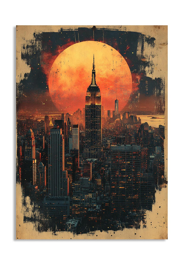 Cityscape with a large orange sun in the sky, featuring prominent buildings, as a premium aluminum metal print from GoMetalPrint.
