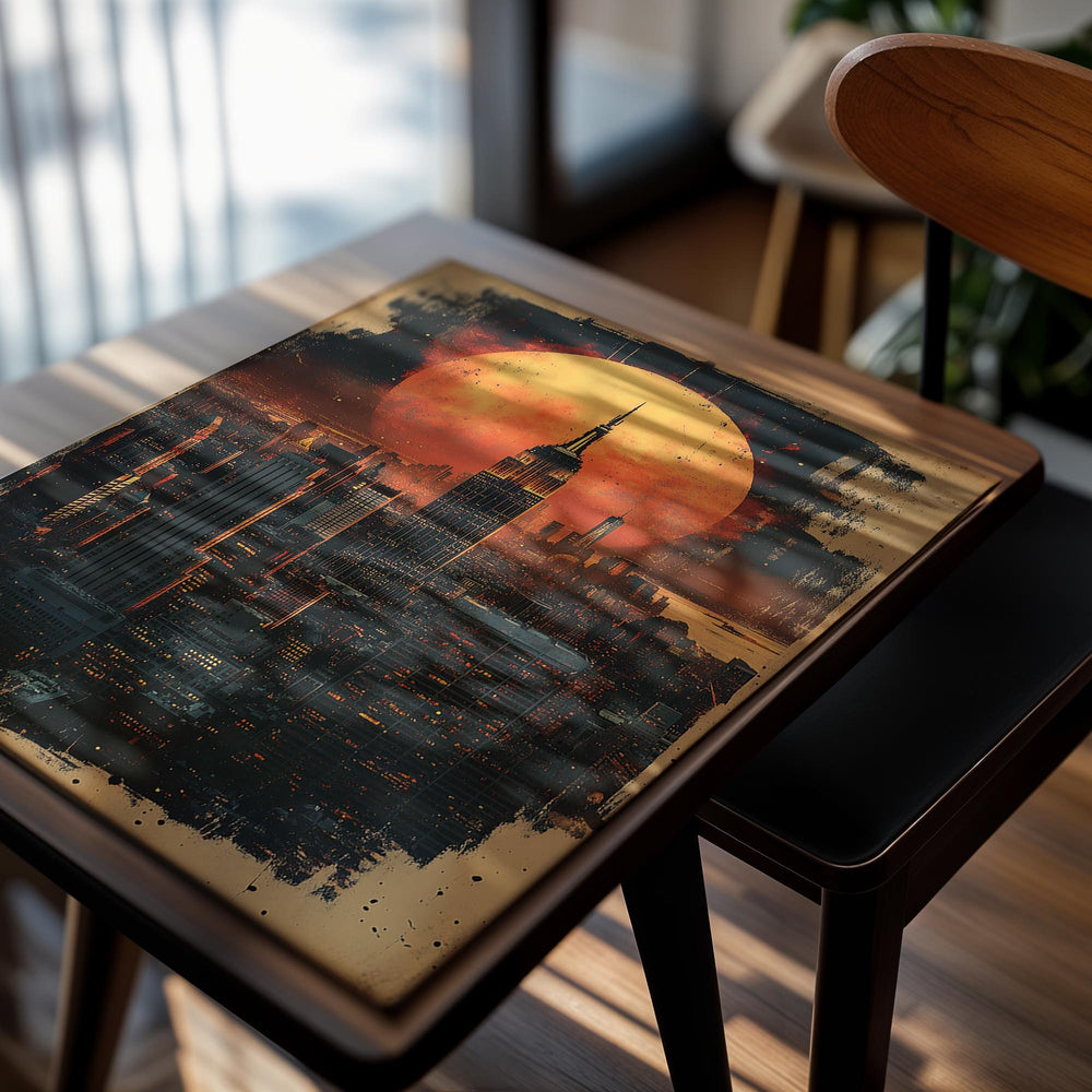 Cityscape with a large orange sun in the sky, featuring prominent buildings, as a premium aluminum metal print from GoMetalPrint.
