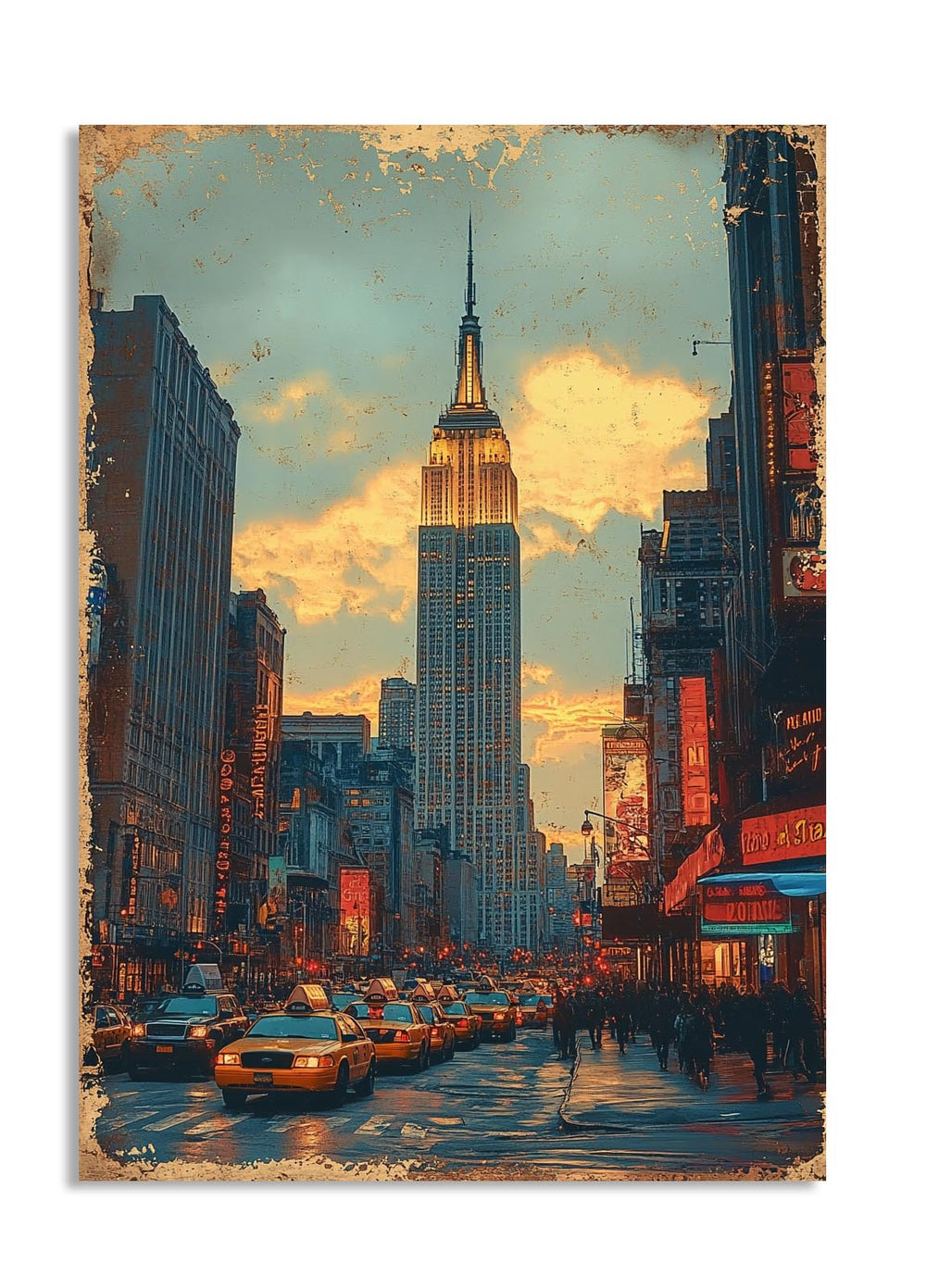 Artistic depiction of a city street with the Empire State Building at sunset, as a premium aluminum metal print from GoMetalPrint.
