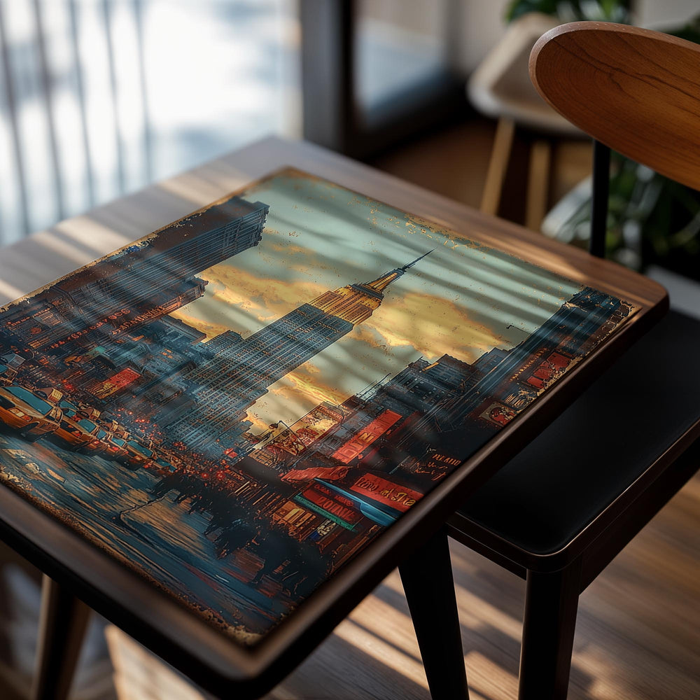 Artistic depiction of a city street with the Empire State Building at sunset, as a premium aluminum metal print from GoMetalPrint.
