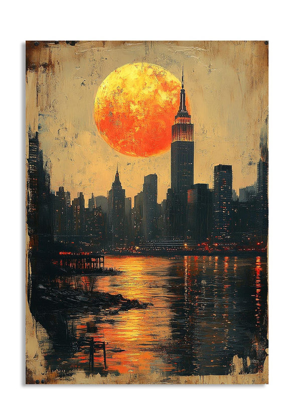 Artistic depiction of a city skyline with a large orange moon, as a premium aluminum metal print from GoMetalPrint.

