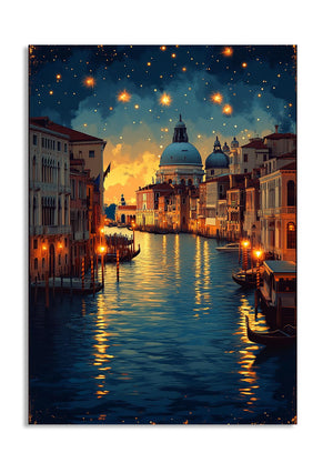 Cityscape at night with illuminated buildings and a canal, as a premium aluminum metal print from GoMetalPrint.
