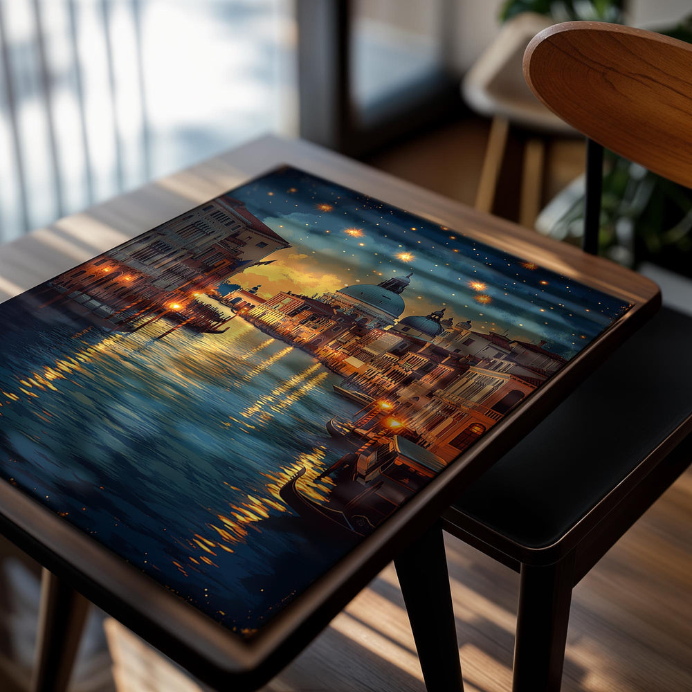 Cityscape at night with illuminated buildings and a canal, as a premium aluminum metal print from GoMetalPrint.
