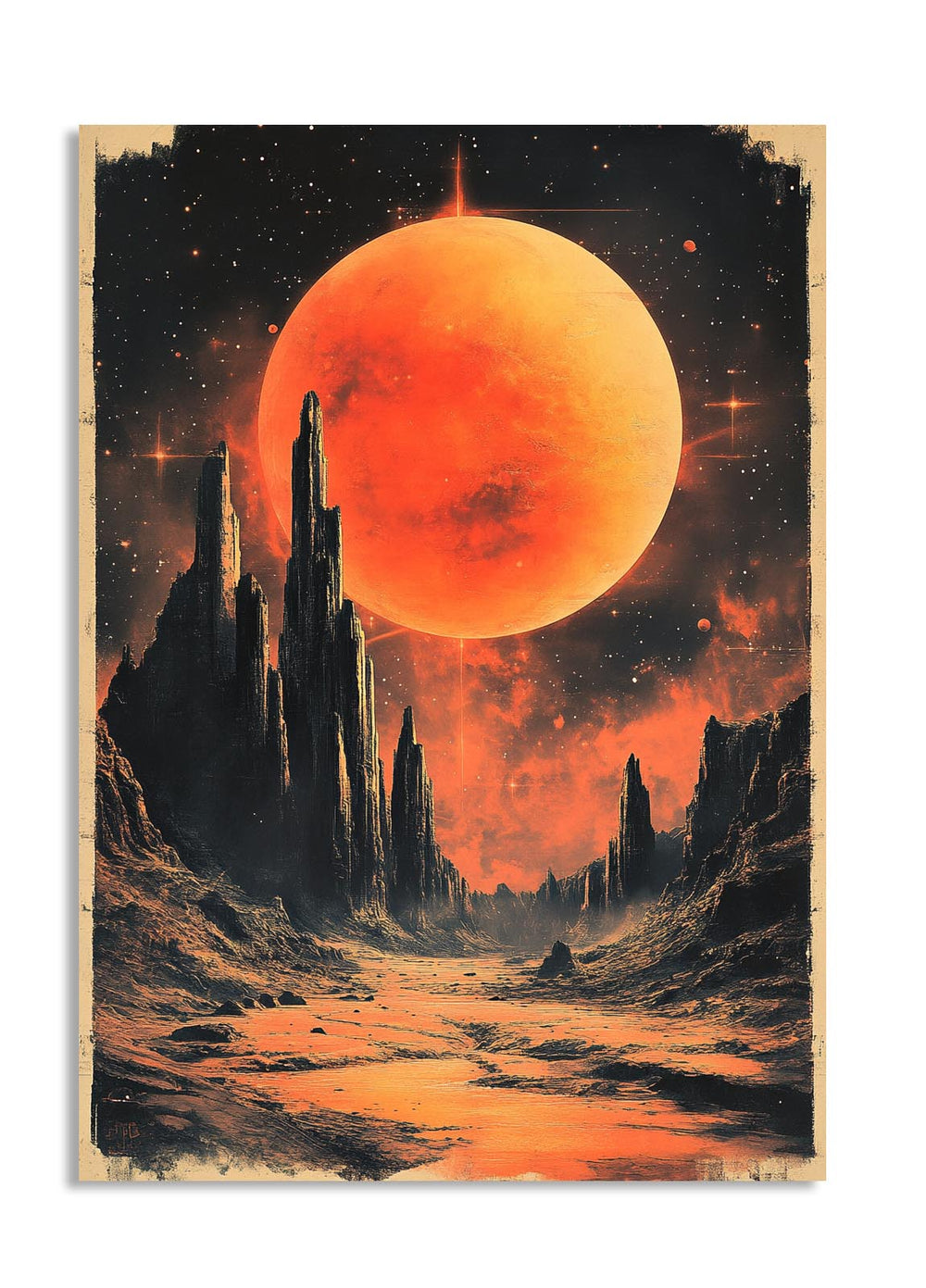 Vibrant depiction of a desert landscape with a large orange sun, resembling Mars, on a dark starry sky, as a premium aluminum metal print from GoMetalPrint.
