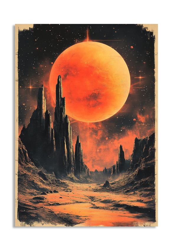Vibrant depiction of a desert landscape with a large orange sun, resembling Mars, on a dark starry sky, as a premium aluminum metal print from GoMetalPrint.
