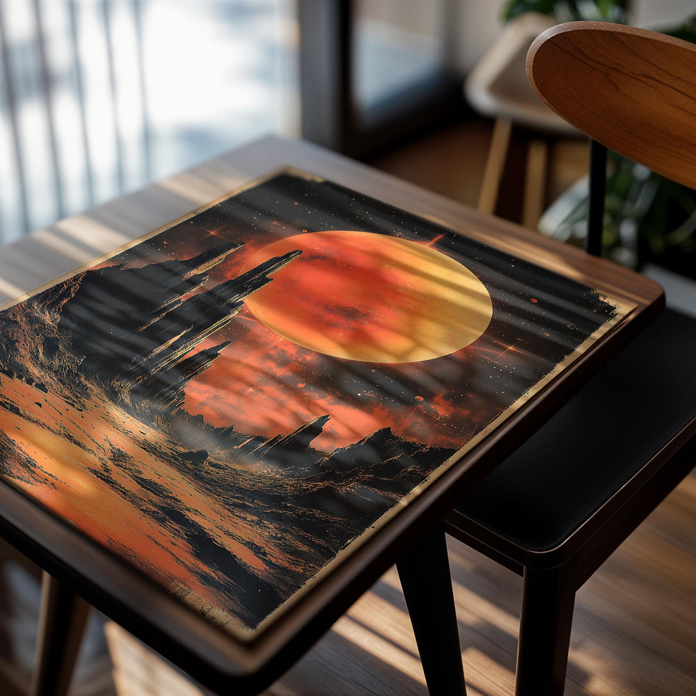 Vibrant depiction of a desert landscape with a large orange sun, resembling Mars, on a dark starry sky, as a premium aluminum metal print from GoMetalPrint.

