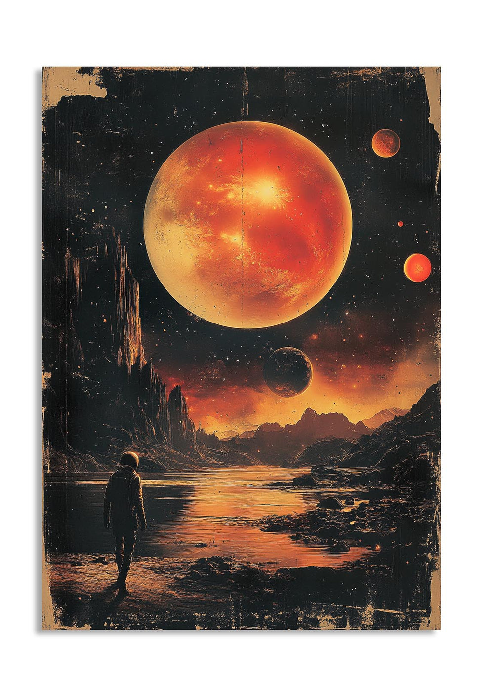 Futuristic landscape with a large orange planet, mountains, and a person standing by a body of water, as a premium aluminum metal print from GoMetalPrint.
