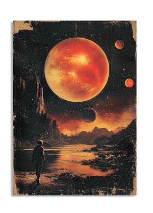 Futuristic landscape with a large orange planet, mountains, and a person standing by a body of water, as a premium aluminum metal print from GoMetalPrint.
