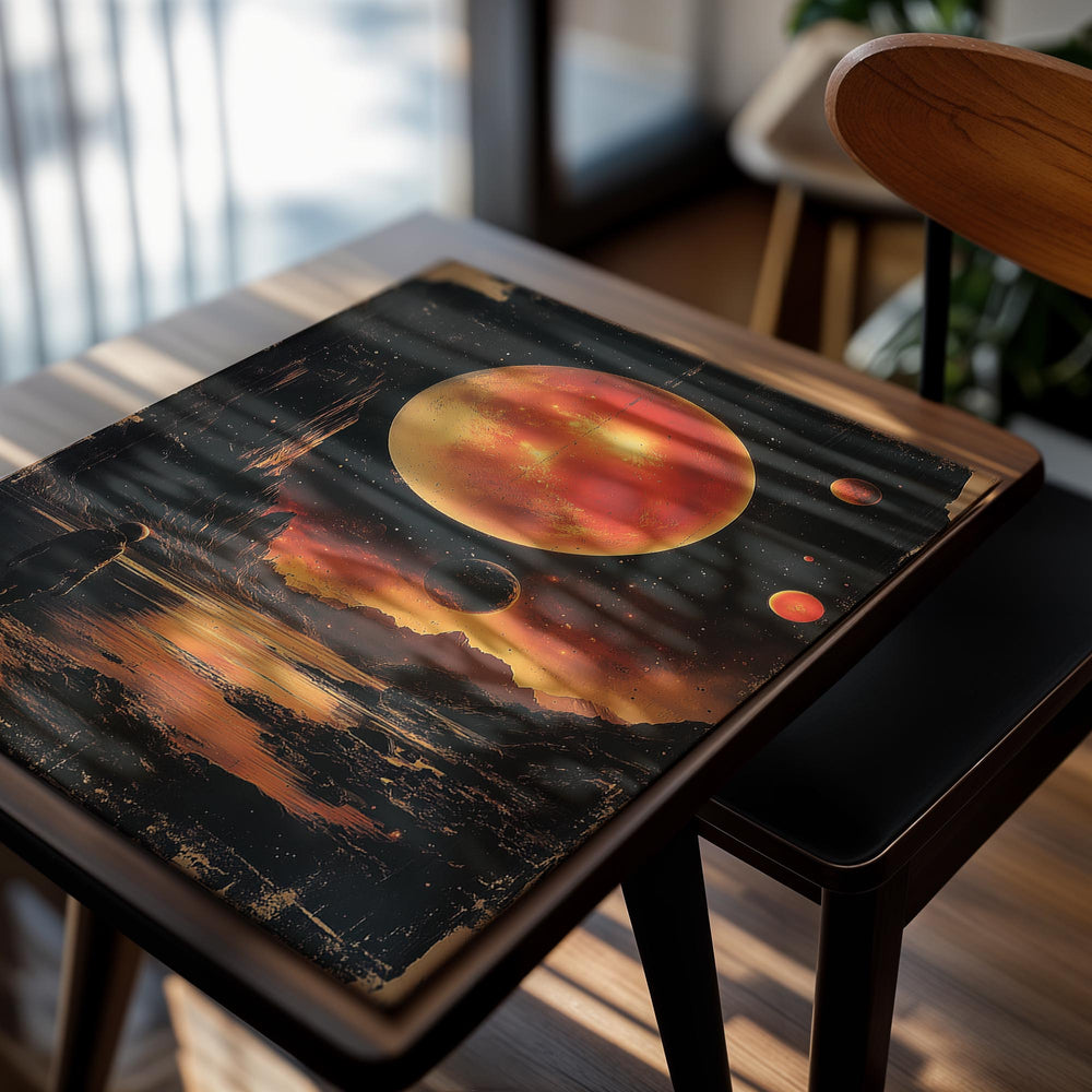 Futuristic landscape with a large orange planet, mountains, and a person standing by a body of water, as a premium aluminum metal print from GoMetalPrint.
