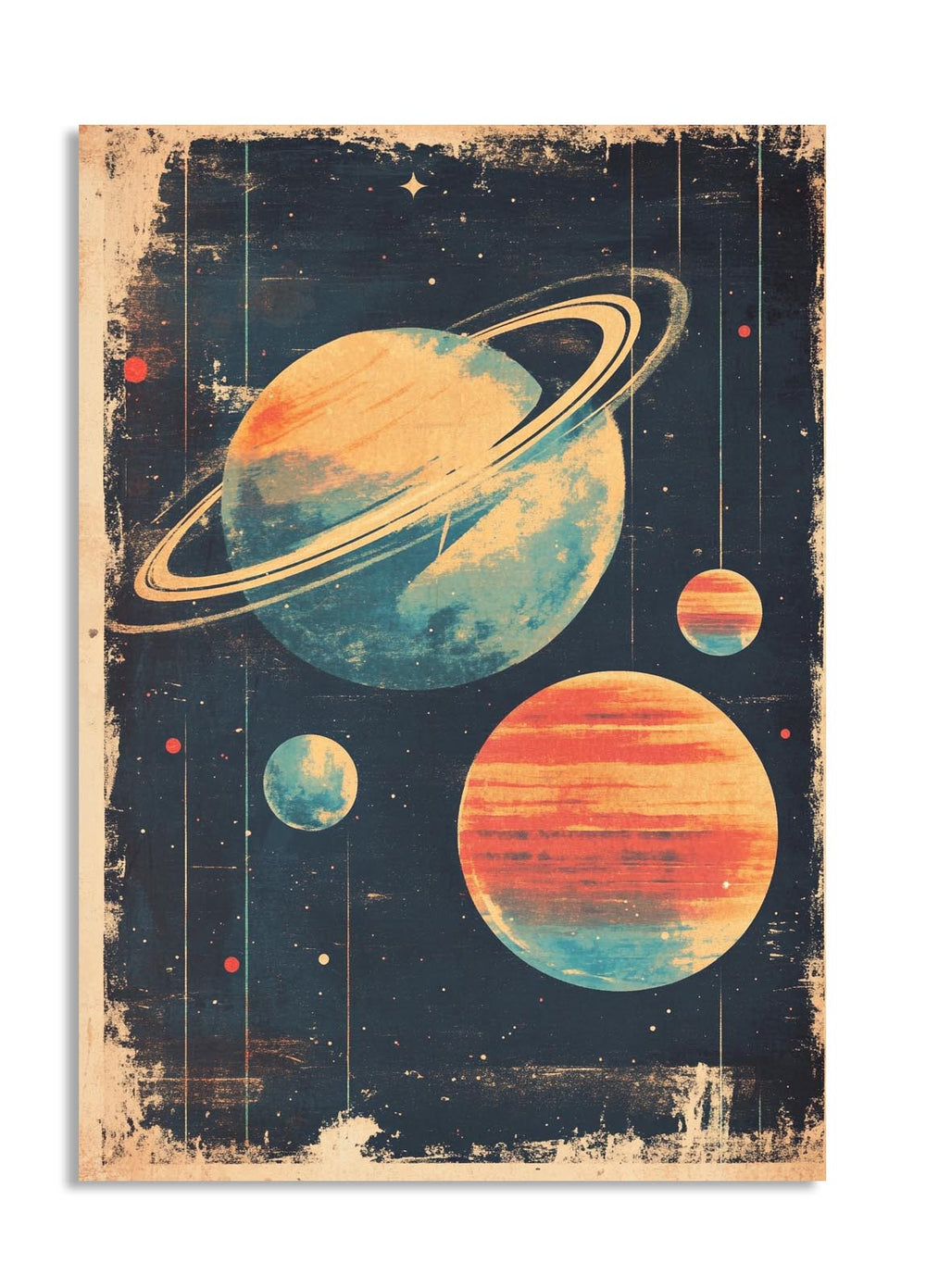 Vintage-style poster of planets with a prominent Saturn, on a dark blue background, as a premium aluminum metal print from GoMetalPrint.
