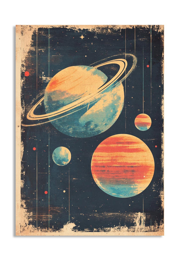 Vintage-style poster of planets with a prominent Saturn, on a dark blue background, as a premium aluminum metal print from GoMetalPrint.

